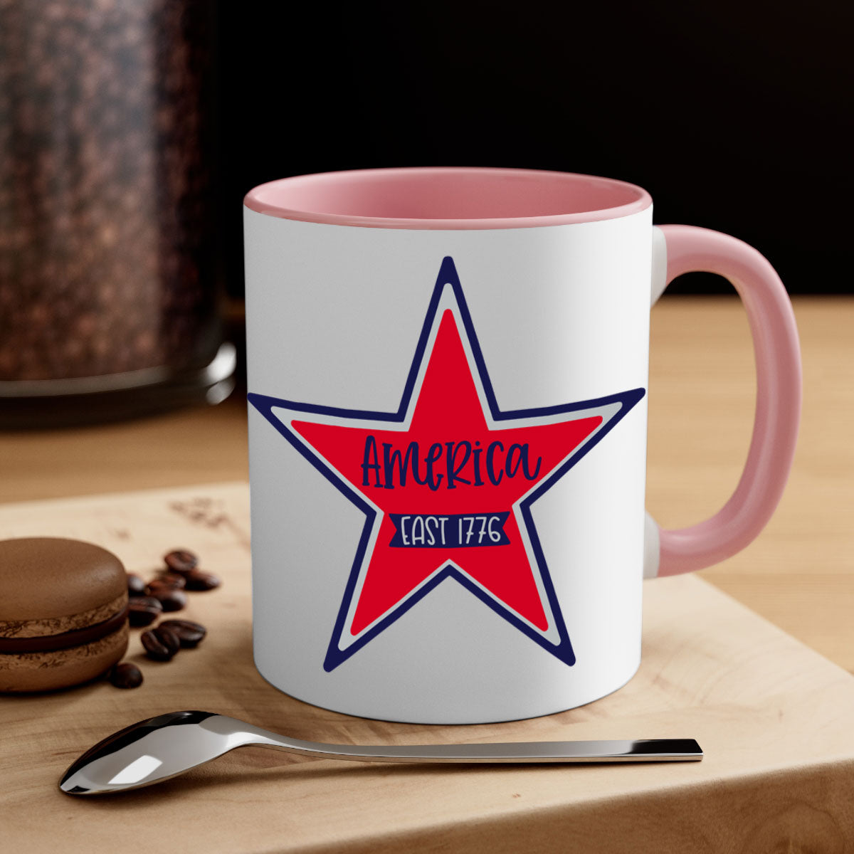 America East Style 144# Mug featuring a glossy finish with a colored handle and interior, available in multiple colors.
